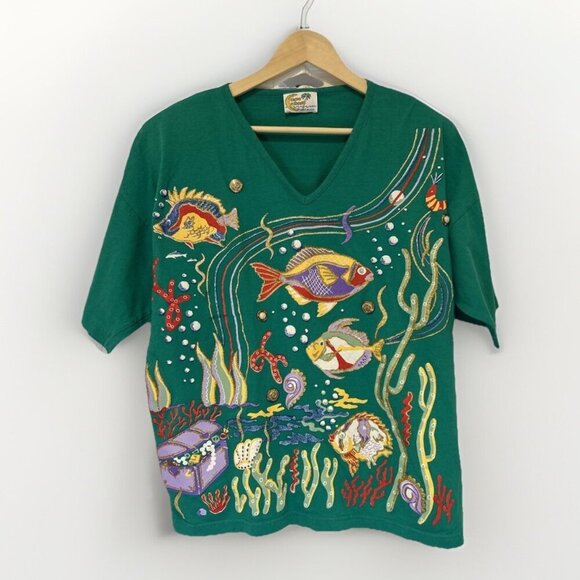 Vtg Copa Cabana Womens T shirt L Green Fish Underwater Treasure 80s Embellished - Picture 1 of 11